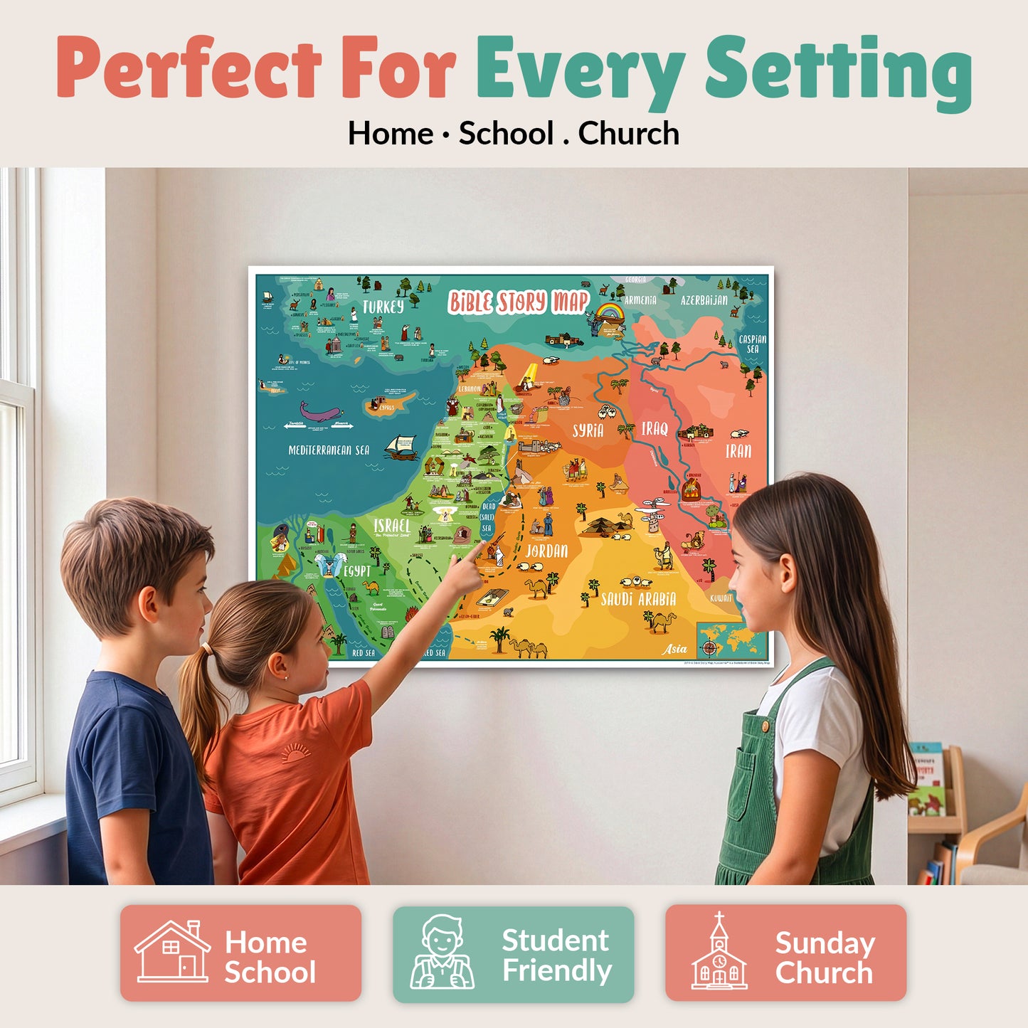 Bible Story Map Poster Wall Chart with 70+ Illustrations for Christian Bulletin Board Decor