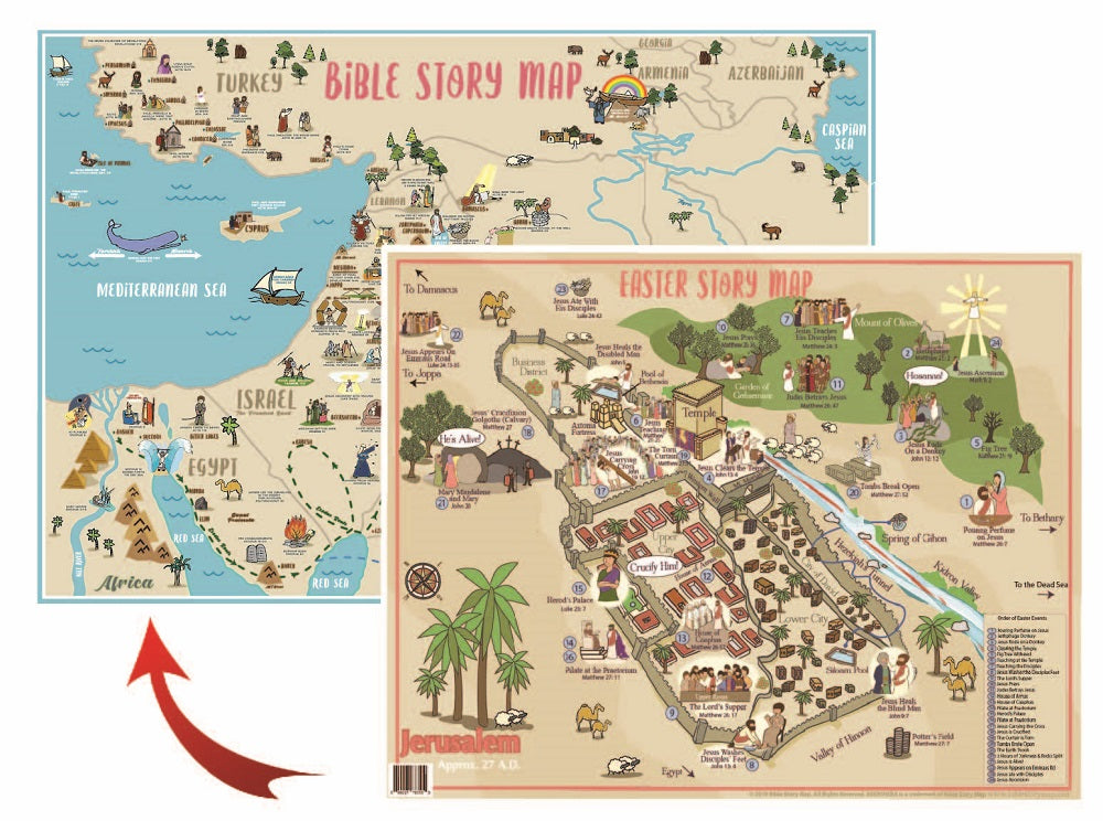 Front and back of the Bible Map with Jerusalem and bible locations.