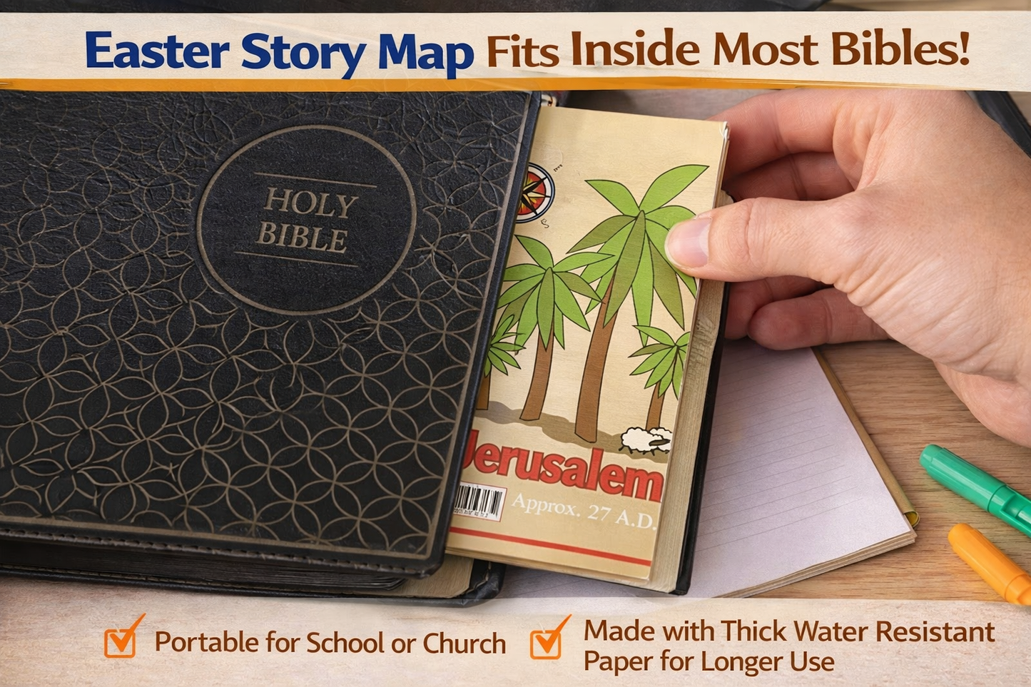 Fold Out Pamphlet Bible Map of Bible Story Locations and Easter Events in Jerusalem. Double Sided. 16" x 21" and folds to 4.25" x 8"