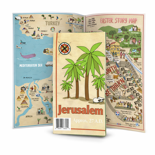 Fold Out Pamphlet Bible Map of Bible Story Locations and Easter Events in Jerusalem. Double Sided. 16" x 21" and folds to 4.25" x 8"
