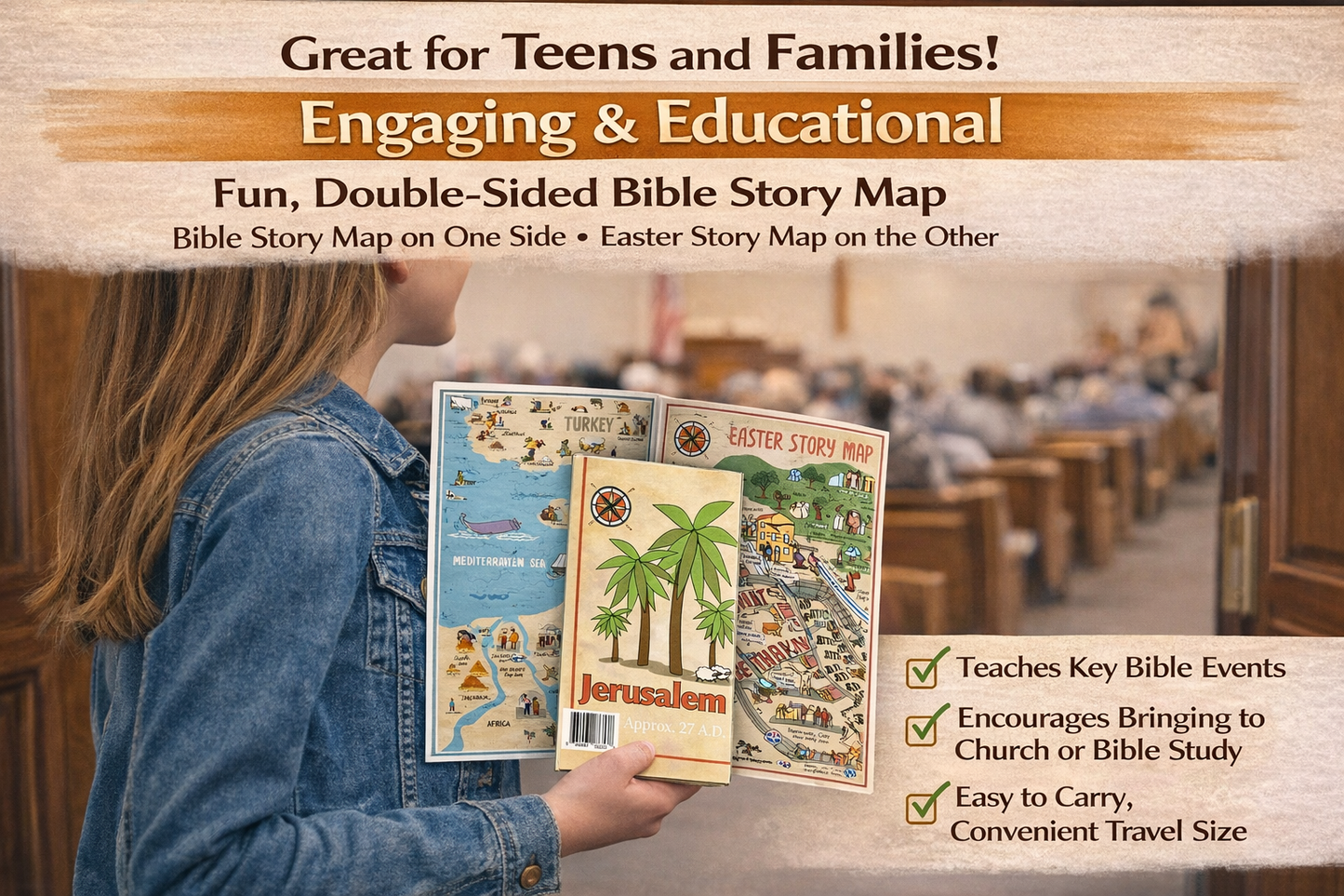 Fold Out Pamphlet Bible Map of Bible Story Locations and Easter Events in Jerusalem. Double Sided. 16" x 21" and folds to 4.25" x 8"
