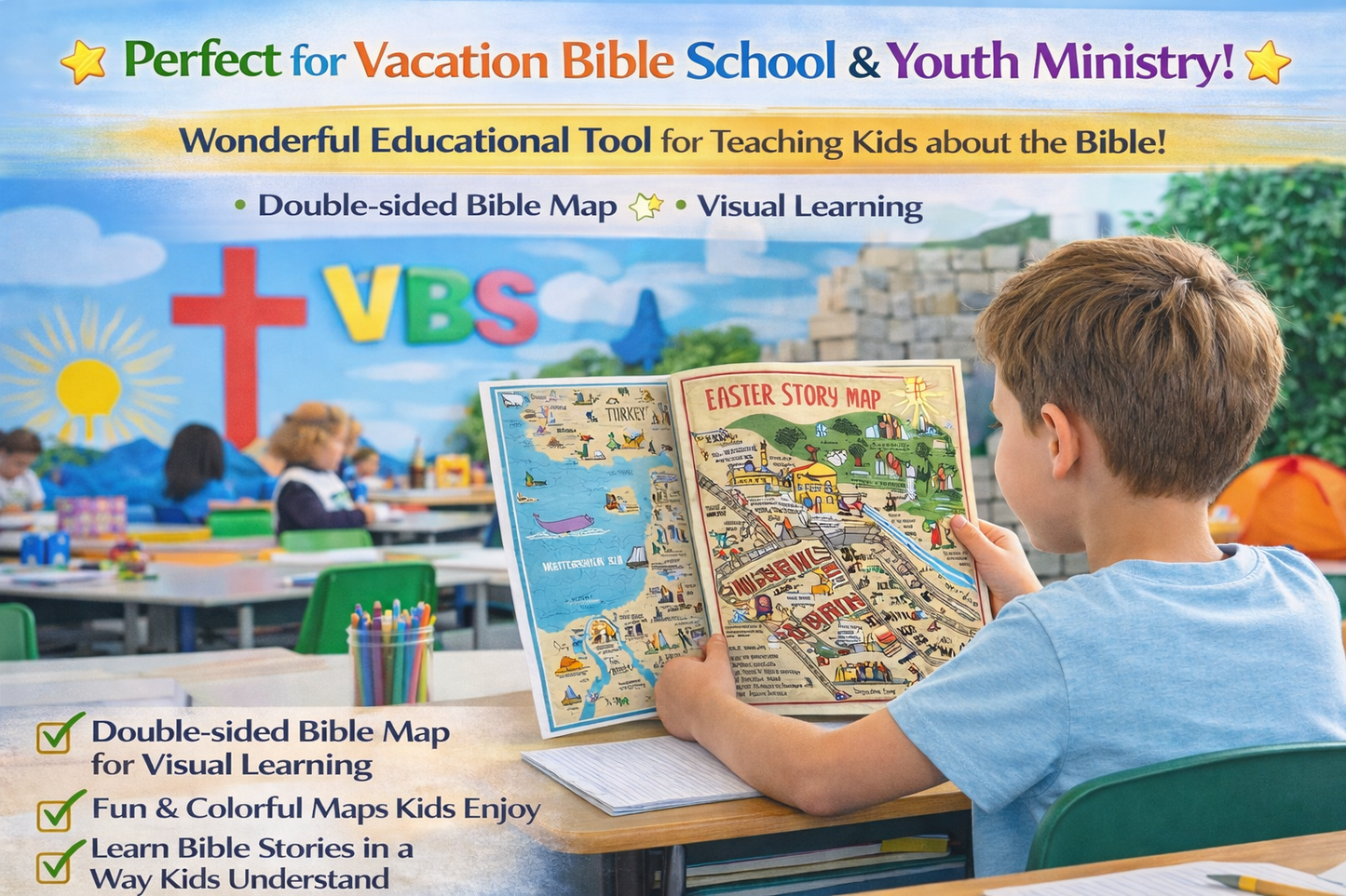 Fold Out Pamphlet Bible Map of Bible Story Locations and Easter Events in Jerusalem. Double Sided. 16" x 21" and folds to 4.25" x 8"