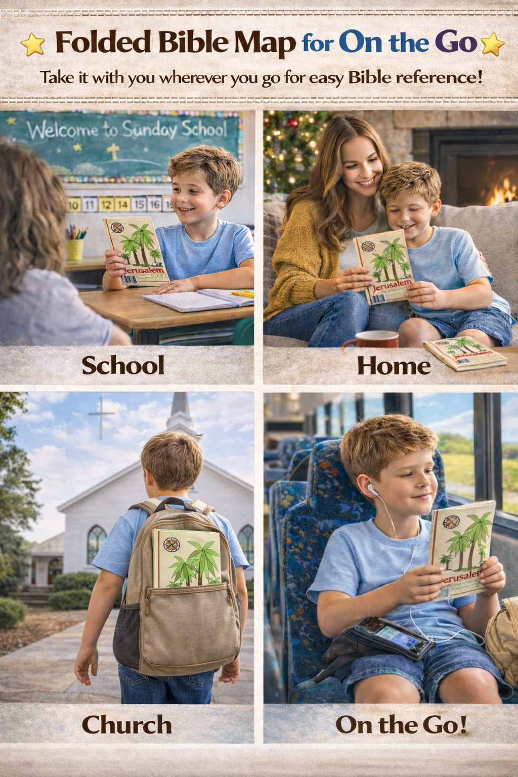 Fold Out Pamphlet Bible Map of Bible Story Locations and Easter Events in Jerusalem. Double Sided. 16" x 21" and folds to 4.25" x 8"