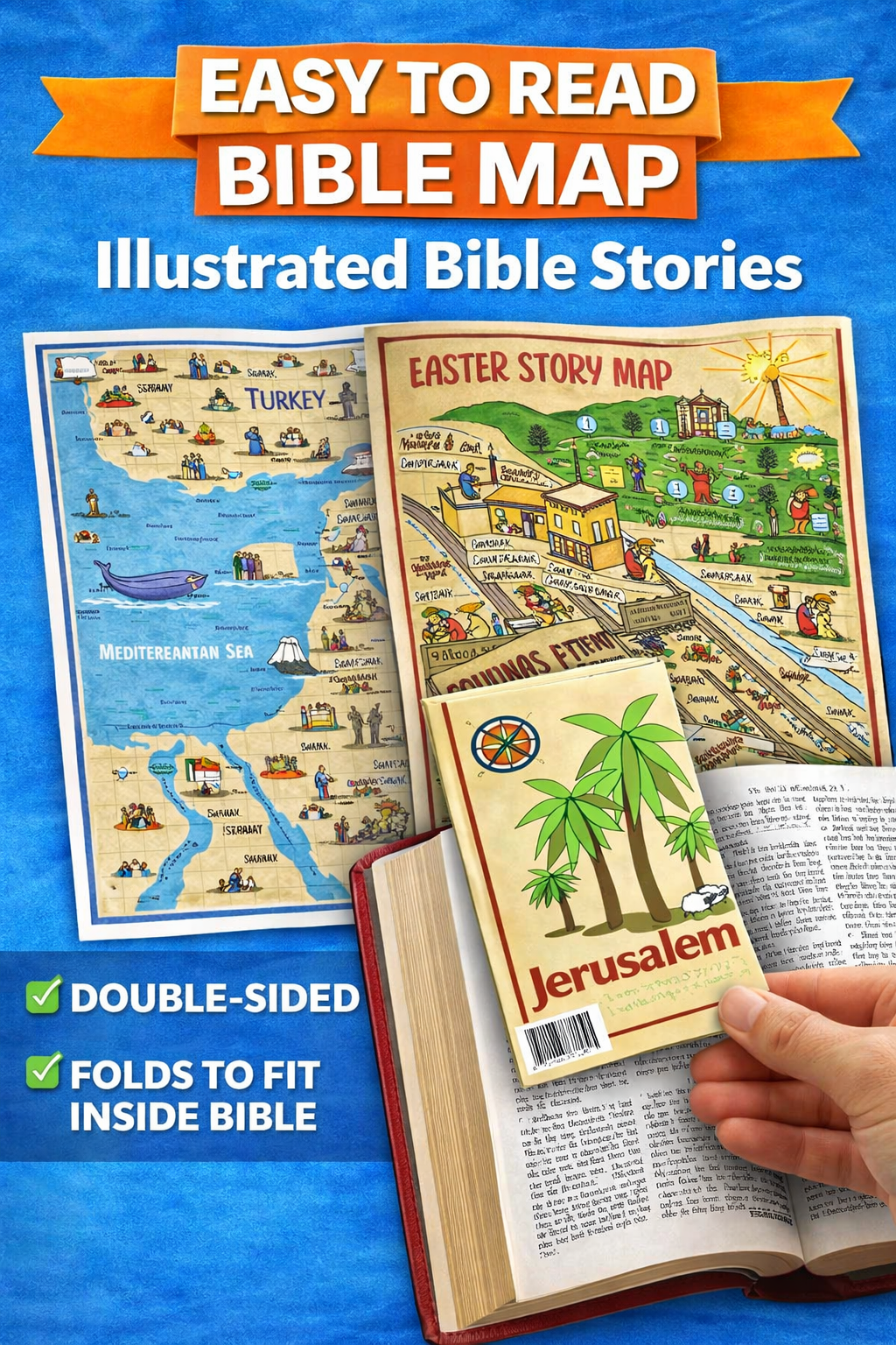 Fold Out Pamphlet Bible Map of Bible Story Locations and Easter Events in Jerusalem. Double Sided. 16" x 21" and folds to 4.25" x 8"