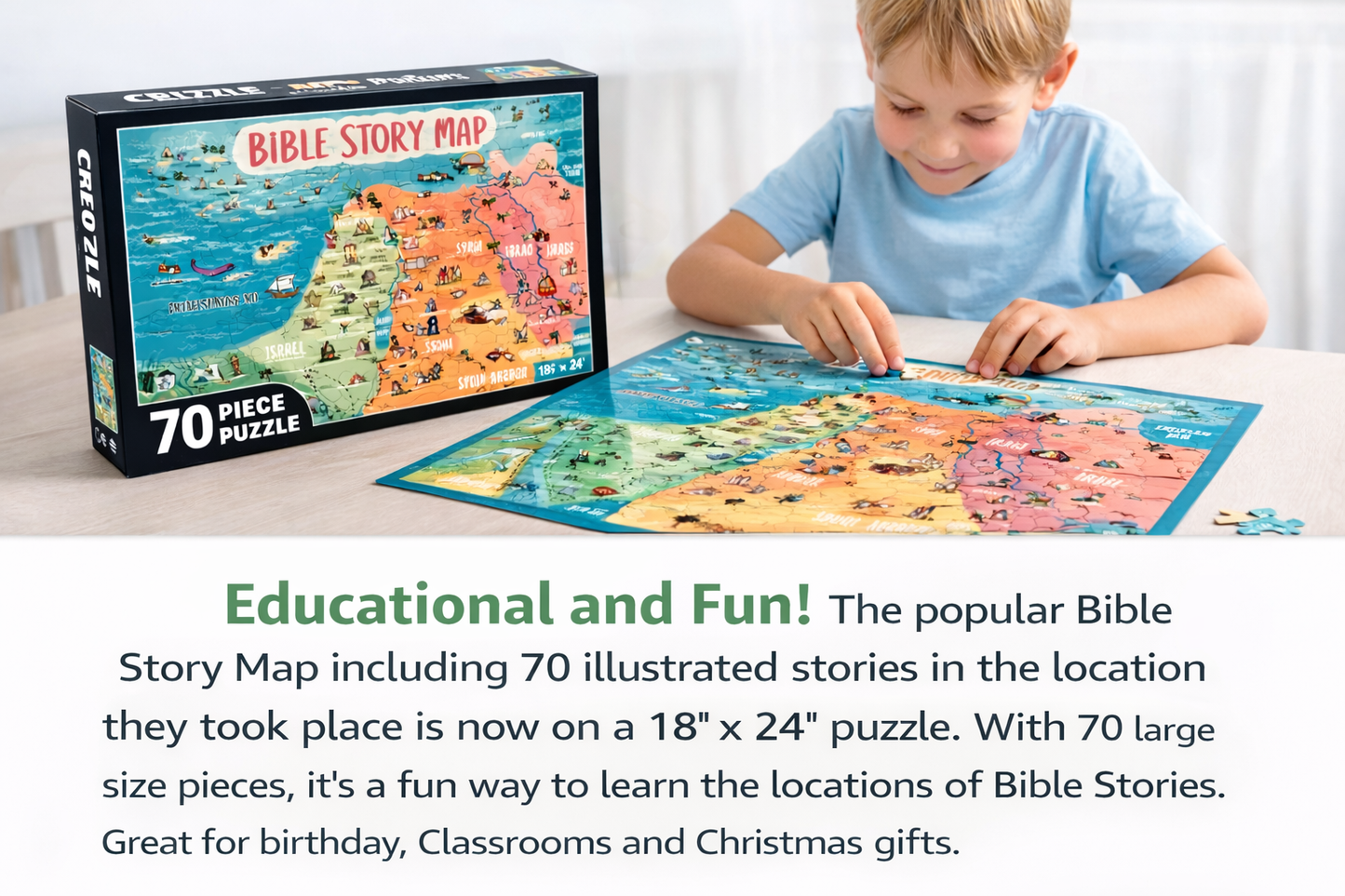 Bible Story Map 70 Piece Puzzle for Kids and Adults, Fun Educational Toy for Home or Classroom