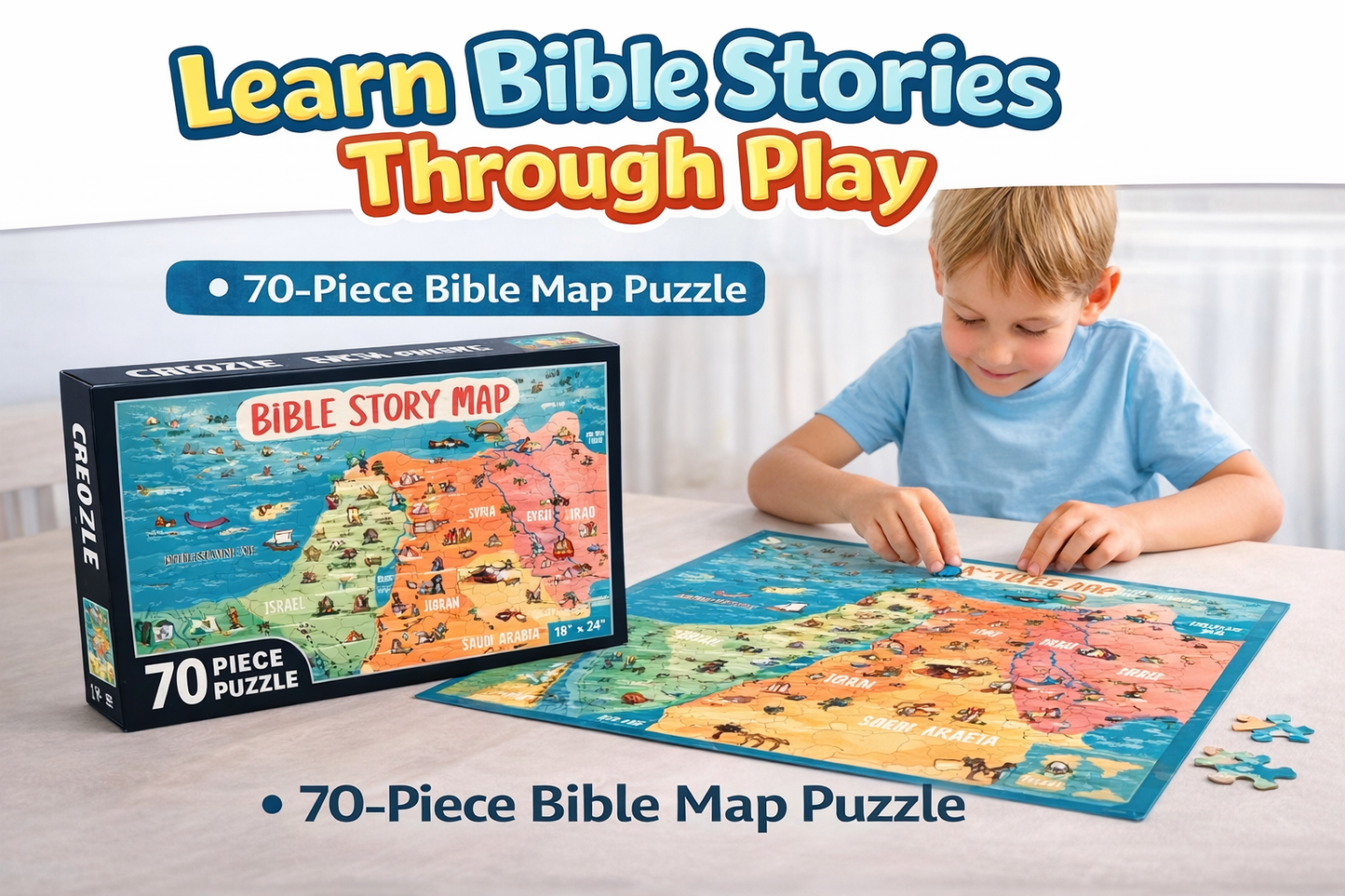 Bible Story Map 70 Piece Puzzle for Kids and Adults, Fun Educational Toy for Home or Classroom