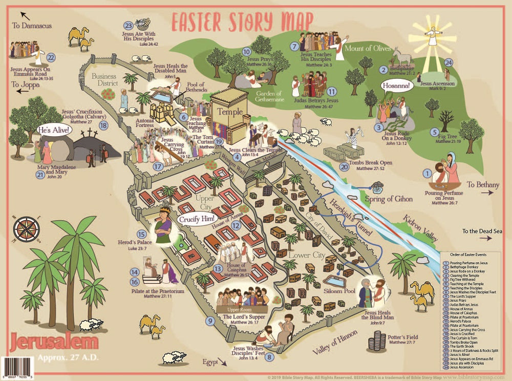 Jerusalem map with events of Easter.