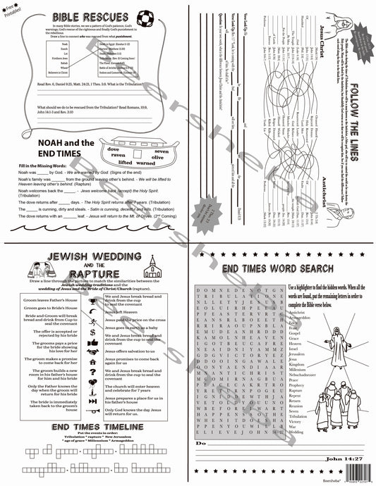 Bible End Times Printable Worksheets, Set of 4 8.5" x 11" - Digital Download