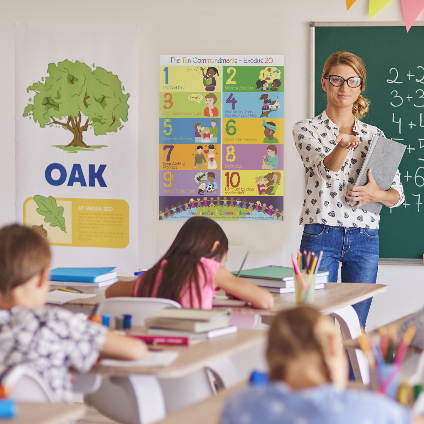 ten Commandments poster in a classroom with teacher 