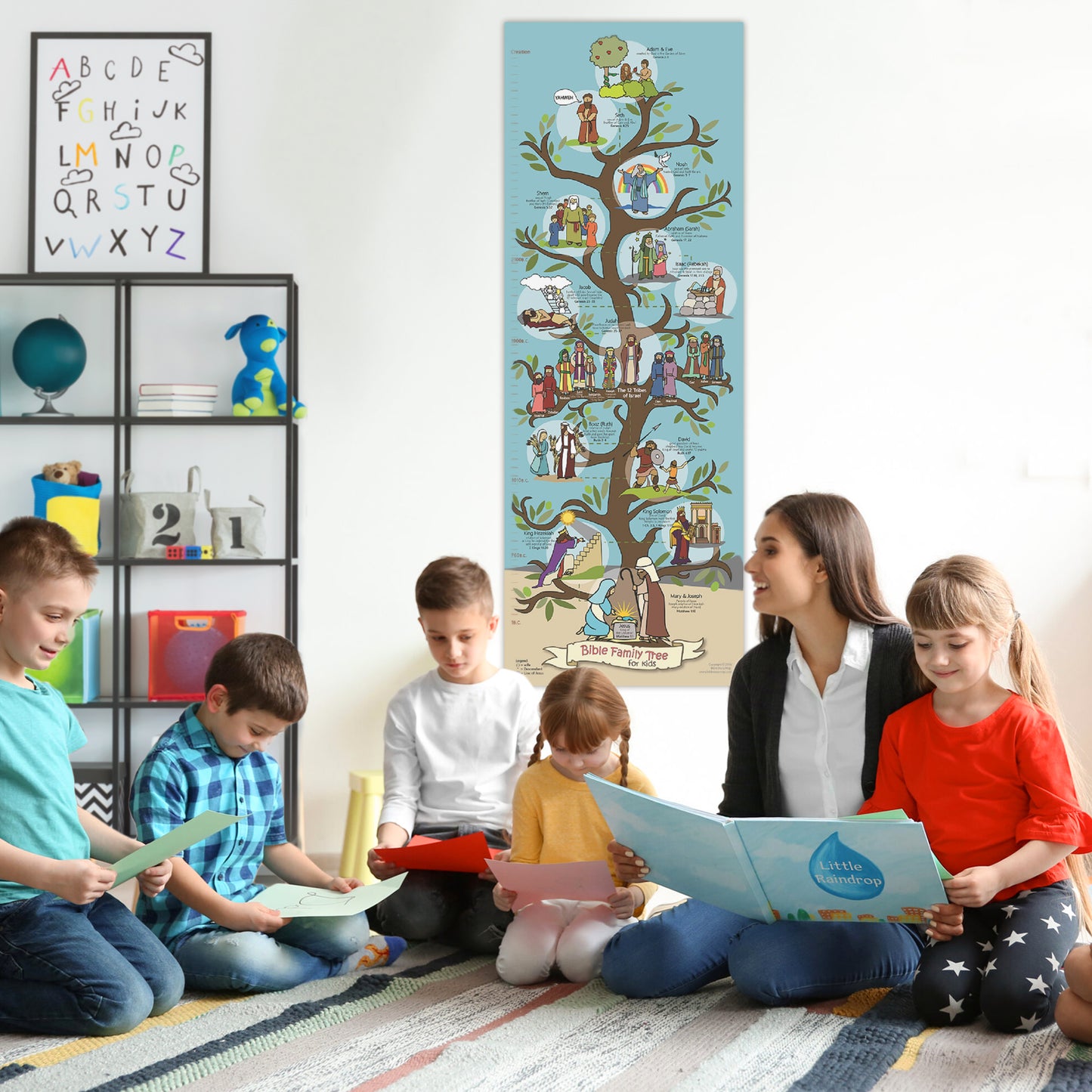 Bible Family Tree poster on wall in a classroom with kids and teacher.